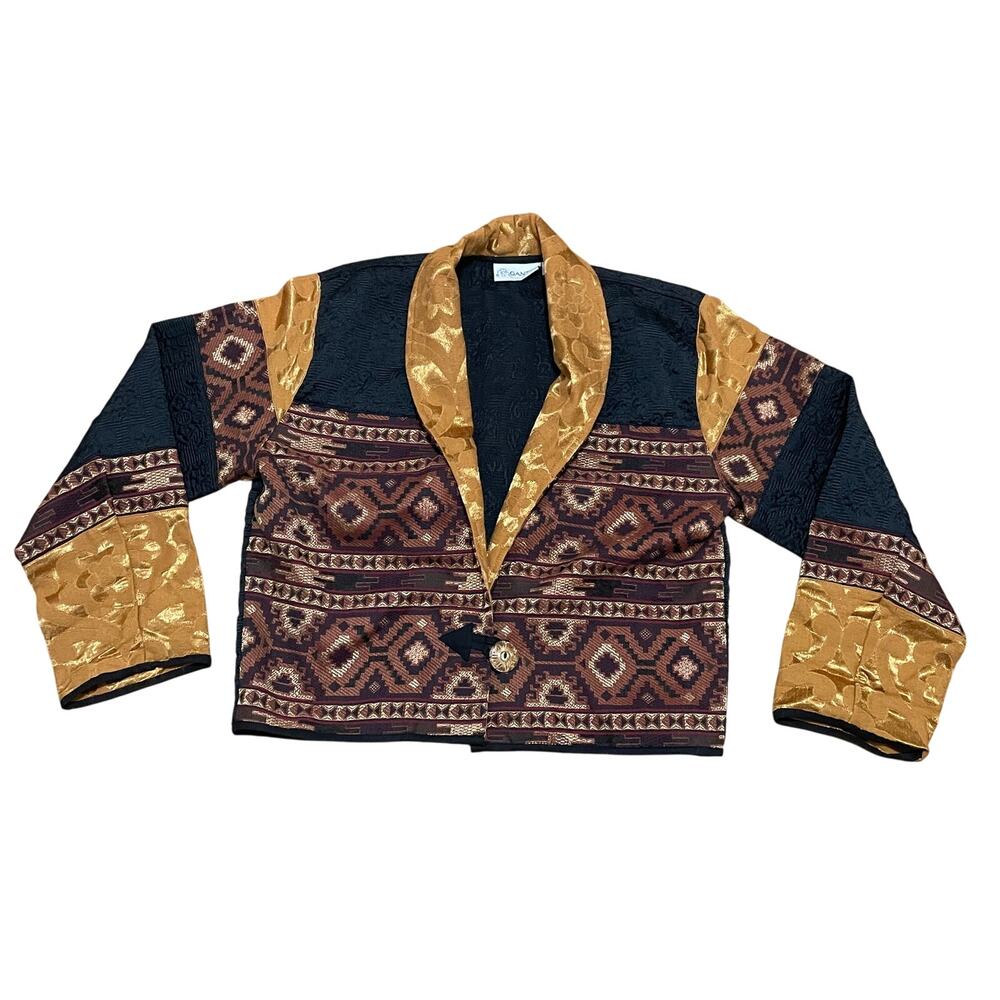 Gantos Vintage Cropped Tapestry Jacket Gold Black Jacquard Shawl Collar‎ Large